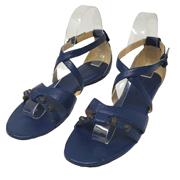 Balenciaga Dark Blue Leather Sandals Size 38 US 7.5 Ankle Strap Studded Flats - Picture 5 of 11
